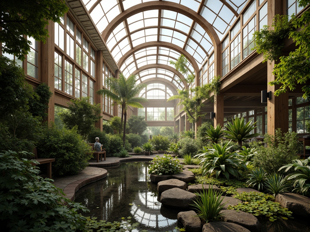 Prompt: Naturalistic greenhouse, lush vegetation, tropical plants, misty atmosphere, warm sunlight, wooden trellises, curved glass roofs, steel frames, modern architecture, minimal ornamentation, natural stone floors, water features, small ponds, aquatic plants, organic textures, soft diffused lighting, shallow depth of field, 1/1 composition, serene ambiance, realistic reflections.