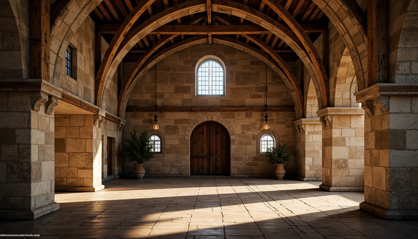 Prompt: Rustic stone walls, ornate carvings, grand archways, vaulted ceilings, sturdy columns, intricate moldings, weathered facades, earthy tone colors, natural stone textures, medieval-inspired designs, imposing structures, dramatic lighting, high contrast shadows, 1/2 composition, symmetrical framing, warm color palette, realistic renderings.