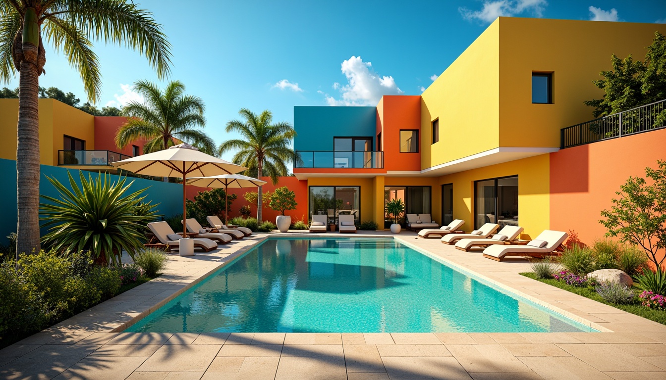 Prompt: Vibrant swimming pool, turquoise water, sun-kissed deck, comfortable lounge chairs, umbrellas, palm trees, warm beige stone flooring, modern minimalist architecture, sleek glass railings, bold color blocking, contrasting hues, harmonious palette, refreshing aqua tones, soothing blues, energetic oranges, dynamic yellows, playful splashes, natural textures, organic shapes, dramatic lighting effects, twilight ambiance, shallow depth of field, 1/2 composition, realistic renderings.