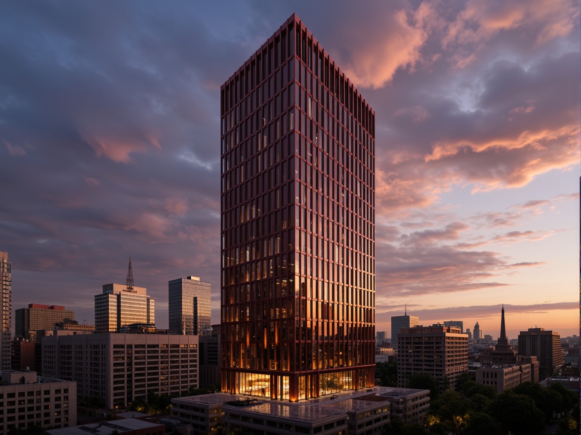 Prompt: Maroon skyscraper, sleek modern architecture, angular metallic fa\u00e7ade, dark reddish-brown hue, rich luxurious materials, lavish interior design, high-rise urban landscape, cityscape at dusk, warm golden lighting, dramatic cloud formations, low-angle photography, 1/2 composition, cinematic atmosphere, realistic reflections, ambient occlusion.