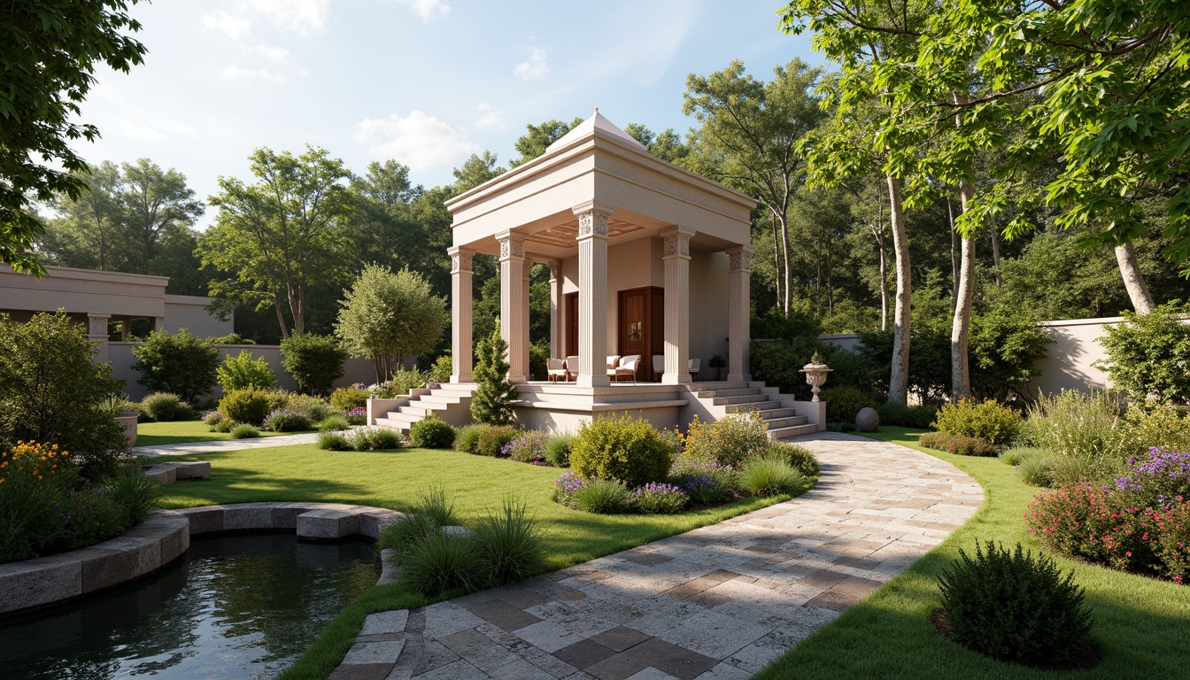 Prompt: Elegant pavilion, harmonious landscape integration, classical architecture, symmetrical fa\u00e7ade, ornate columns, carved wooden doors, lush greenery, vibrant flowers, serene water features, natural stone walkways, meandering paths, scenic vistas, soft warm lighting, 1/1 composition, shallow depth of field, realistic textures, ambient occlusion.