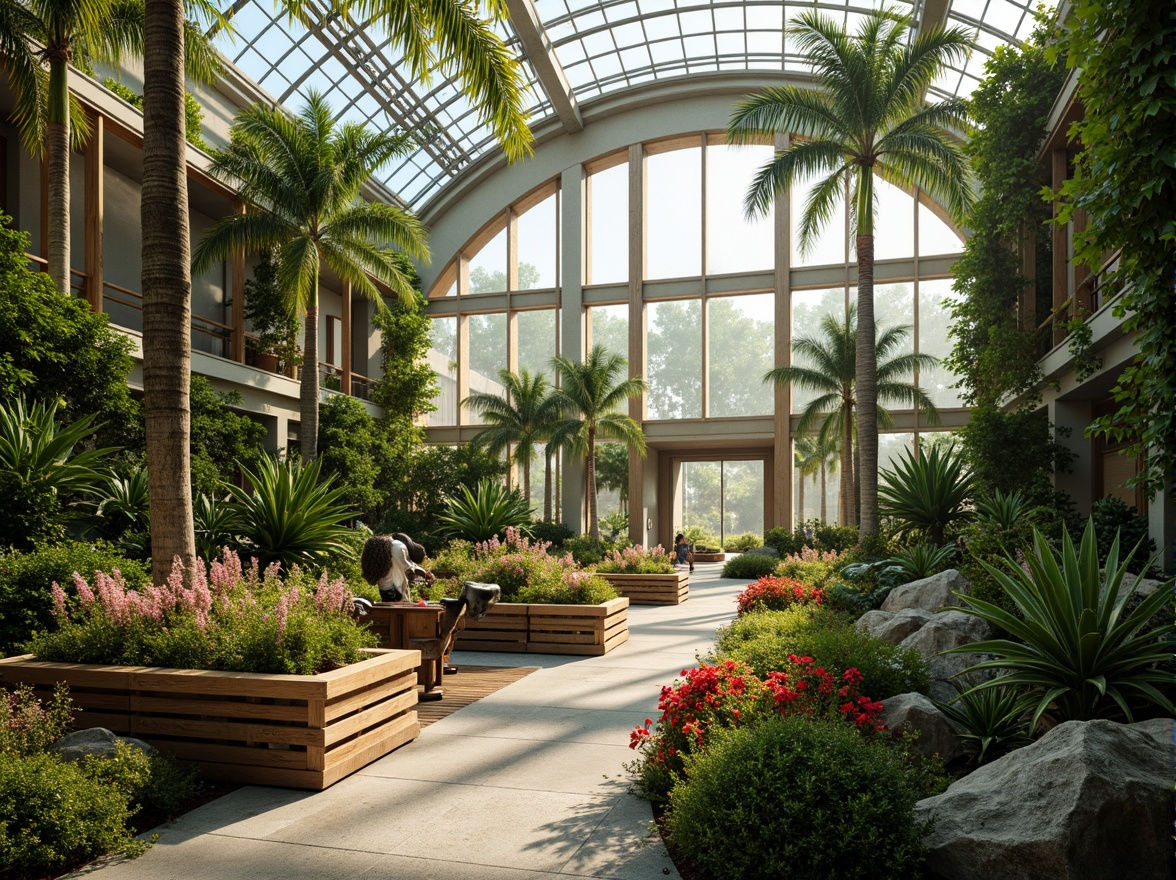 Prompt: Tropical greenhouse interior, lush vegetation, exotic flowers, wooden planters, natural stone pathways, misting systems, warm soft lighting, shallow depth of field, 1/1 composition, panoramic view, realistic textures, ambient occlusion, modern minimalist architecture, large glass windows, sliding doors, green roofs, eco-friendly materials, innovative climate control systems, water conservation features, Arabic-inspired patterns, vibrant colorful textiles, intricate geometric motifs, serene ambiance, peaceful atmosphere.