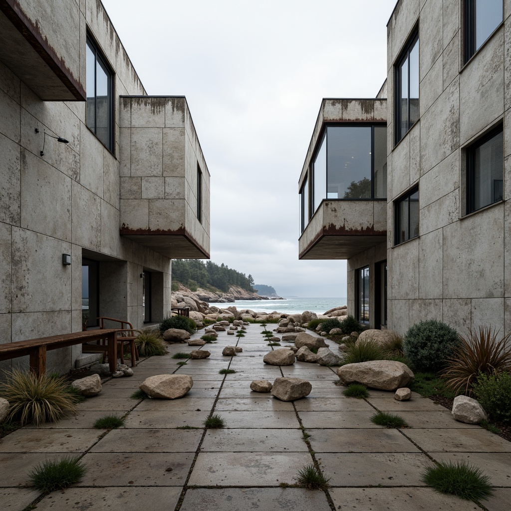 Prompt: Rugged beachside brutalist buildings, weathered concrete walls, textured surfaces, ocean-battered stones, driftwood accents, rusted metal beams, industrial-style windows, minimalist design, monochromatic color scheme, overcast sky, misty atmosphere, shallow depth of field, 1/1 composition, symmetrical framing, high-contrast lighting, dramatic shadows, realistic textures, ambient occlusion.