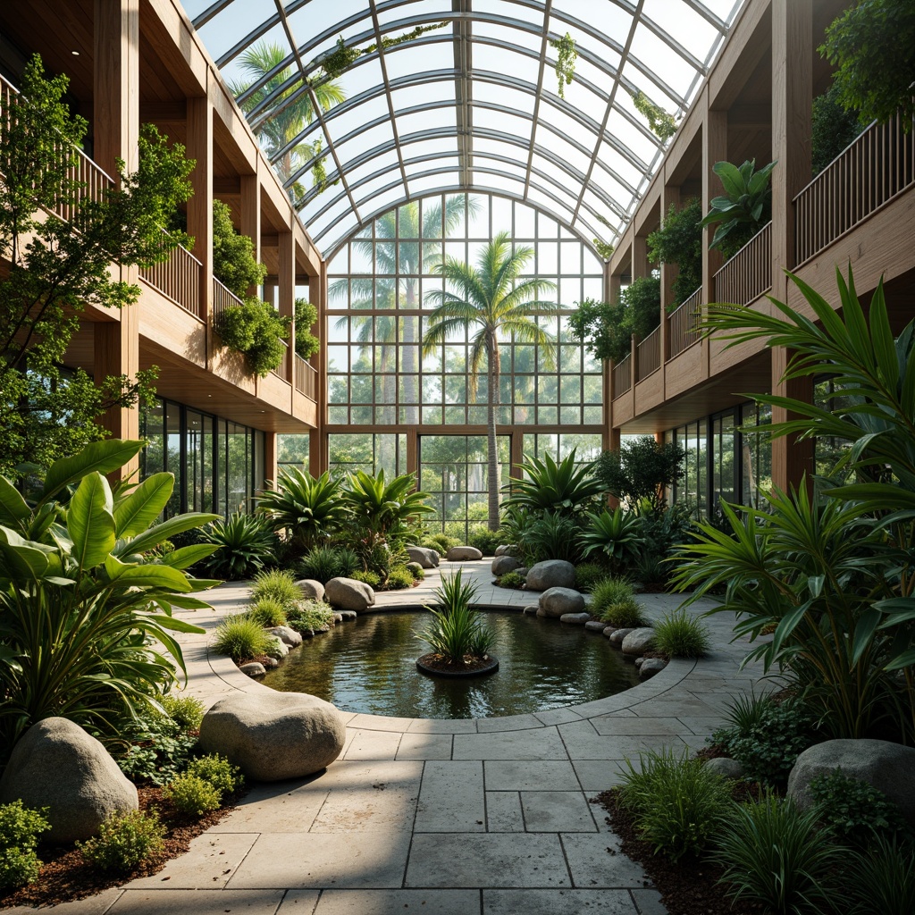 Prompt: Vibrant greenhouse interior, lush tropical plants, natural stone flooring, wooden accents, curved glass roof, abundant natural light, misting systems, humid climate control, water features, small pond, aquatic life, surrounding landscape views, blurred boundaries, seamless integration, organic architecture, sustainable materials, energy-efficient systems, soft warm lighting, shallow depth of field, 3/4 composition, panoramic view, realistic textures, ambient occlusion.