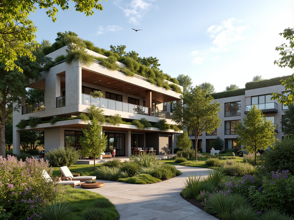 Prompt: Sustainable eco-friendly buildings, green roofs, solar panels, wind turbines, rainwater harvesting systems, natural ventilation, large windows, clerestory windows, skylights, translucent walls, energy-efficient HVAC systems, radiant floor heating, LED lighting, occupancy sensors, smart building automation, recycled materials, low-carbon concrete, double-glazed facades, passive house design, zero-energy architecture, futuristic aesthetic, sleek metallic accents, angular lines, minimalist interior design, open-plan layout, natural stone flooring, reclaimed wood features, abundant greenery, vibrant plant life, warm sunny day, soft diffused lighting, shallow depth of field, 3/4 composition, realistic textures.