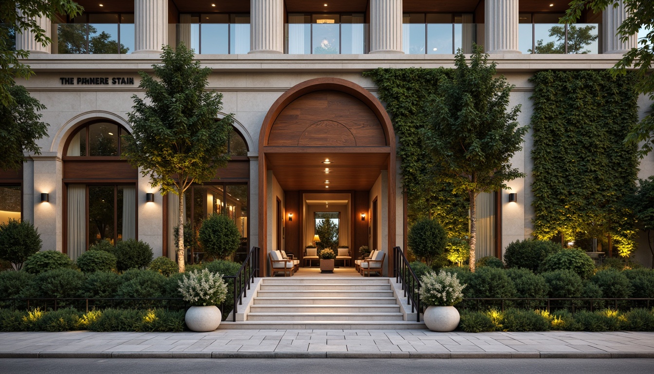 Prompt: Elegant hotel facade, neoclassical architecture, ornate details, grand entrance, sweeping archways, stately columns, rich wood tones, sophisticated neutral colors, modern amenities, sleek glass railings, verdant green walls, ivy-covered stone, subtle uplighting, soft warm glow, 1/2 composition, shallow depth of field, realistic textures, ambient occlusion.