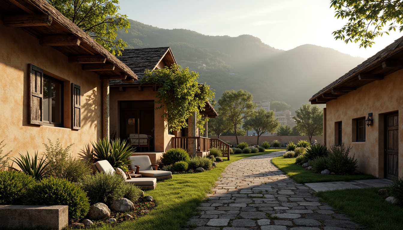 Prompt: Rustic rural houses, natural stone walls, wooden beams, earthy tones, thatched roofs, greenery overgrowth, vines crawling, wooden shutters, distressed wood accents, earth-toned stucco, clay tile roofs, rugged terrain, rolling hills, misty mornings, warm sunlight, soft focus, 1/1 composition, realistic textures, ambient occlusion.