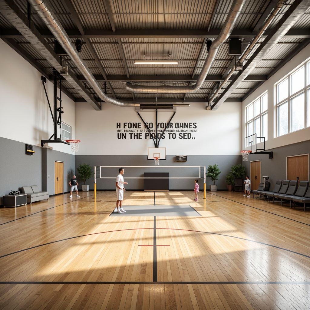 Prompt: Modern gymnasium interior, bright natural lighting, polished wooden floors, sports equipment, basketball hoops, volleyball nets, exercise machines, athletic tracks, motivational quotes, inspirational wall art, dynamic ceiling structures, open spaces, minimalistic design, sleek lines, neutral color palette, soft warm lighting, shallow depth of field, 3/4 composition, realistic textures, ambient occlusion.