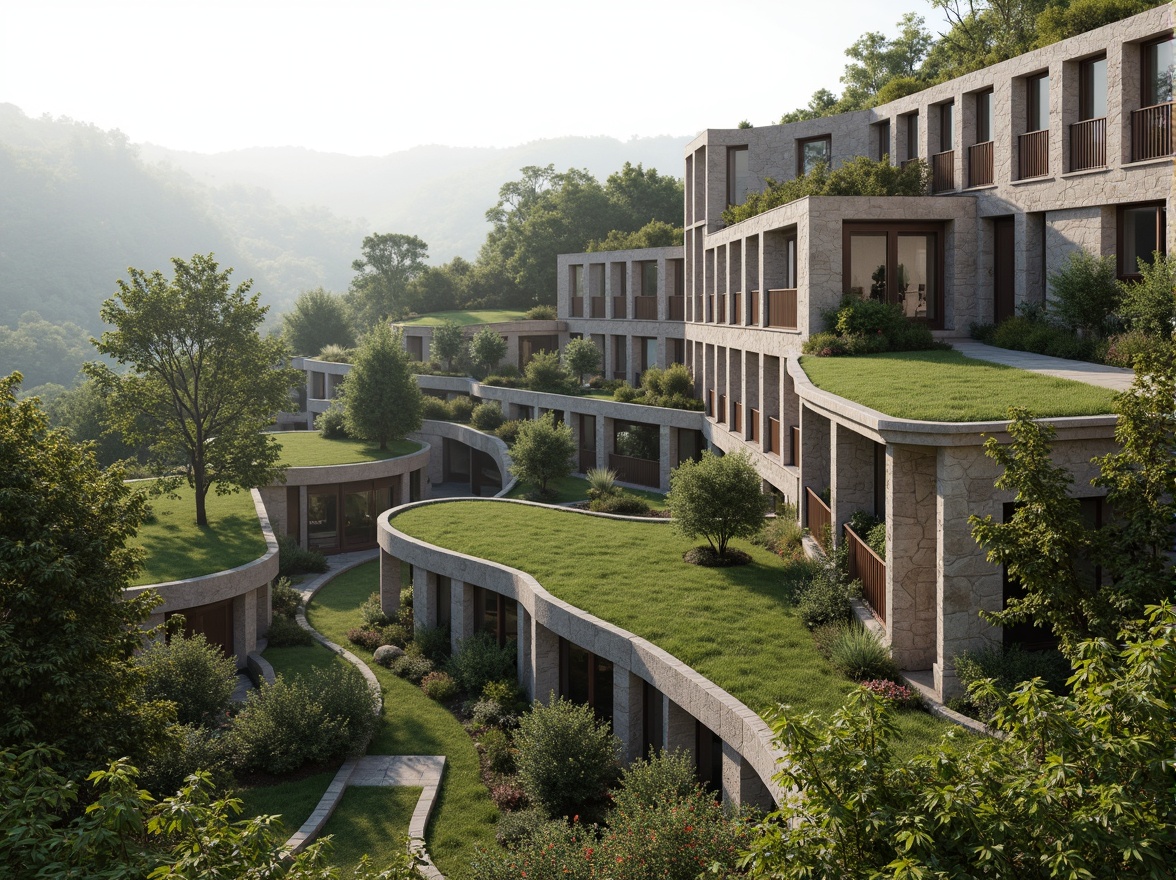 Prompt: Harmonious building facade, natural stone walls, lush green roofs, curved lines, organic shapes, earthy tones, blended boundaries, scenic vistas, rolling hills, meandering pathways, native flora, rustic wooden accents, weathered metal details, soft diffused lighting, misty atmospheric effects, 1/1 composition, symmetrical framing, realistic textures, ambient occlusion.