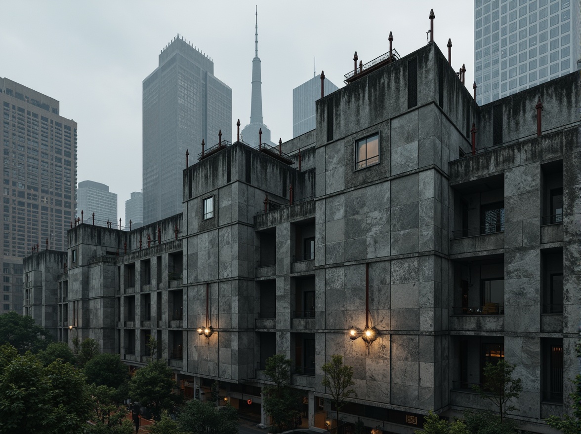 Prompt: Rough concrete walls, raw brutalist architecture, bold geometric forms, fortress-like structures, monumental scale, rugged stone textures, distressed metal accents, industrial-style signage, exposed ductwork, urban jungle atmosphere, dense cityscape surroundings, moody overcast lighting, high-contrast shadows, dramatic cinematic composition, symmetrical framing, gritty realistic render.