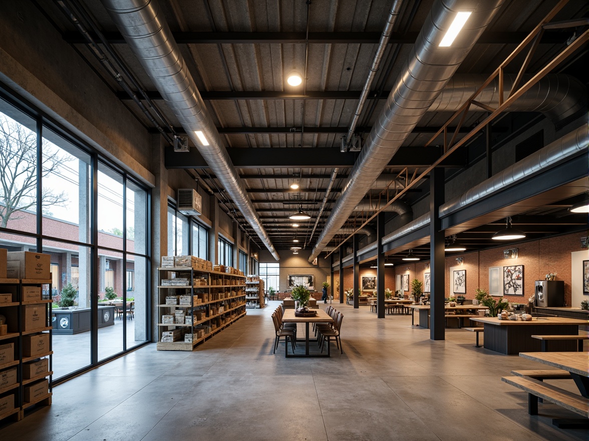 Prompt: Exposed ductwork, polished concrete floors, industrial chic lighting fixtures, metal beams, functional catwalks, modern warehouse architecture, rustic brick walls, utilitarian steel shelving units, mechanical equipment displays, urban cityscape backdrop, dramatic high ceilings, muted color palette, soft natural light, shallow depth of field, 1/1 composition, realistic textures, ambient occlusion.