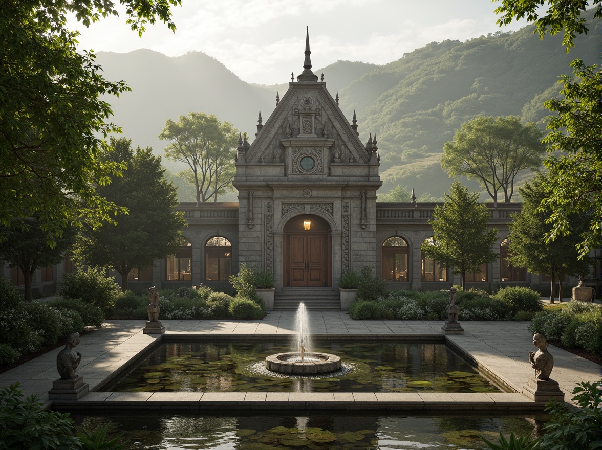 Prompt: Sacred temple, lush greenery, serene water features, spiritual statues, intricate stone carvings, natural light filtering, stained glass windows, ornate wooden doors, peaceful courtyards, harmonious architecture, blended landscape, rolling hills, misty mornings, soft warm lighting, shallow depth of field, 1/1 composition, realistic textures, ambient occlusion.