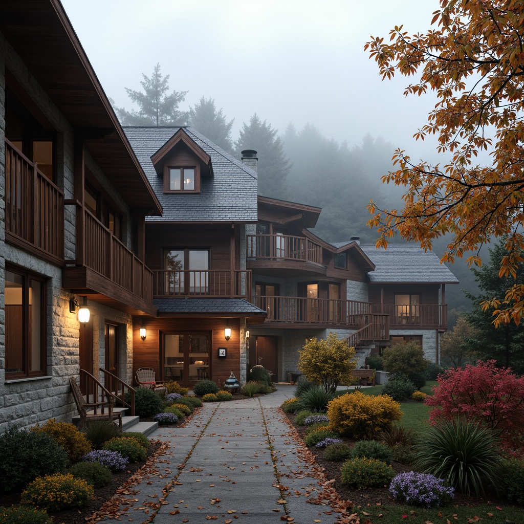 Prompt: Traditional regional architecture, earthy tones, stone walls, wooden beams, rustic textures, steeply pitched roofs, chimneys, dormer windows, ornate carvings, folk-inspired ornaments, natural materials, local craftsmanship, cozy interiors, warm lighting, inviting ambiance, autumnal colors, foggy mornings, 1/2 composition, soft focus, atmospheric perspective.