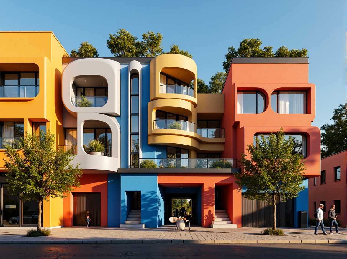 Prompt: Vibrant colorful facade, irregular shapes, bold geometric forms, abstract patterns, dynamic curves, playful textures, expressive architecture, whimsical details, oversized windows, irregular rooflines, abstract sculptures, artistic murals, eclectic materials, bold color blocking, futuristic ambiance, low-angle shot, dramatic shadows, warm golden lighting, 1/1 composition, symmetrical framing.