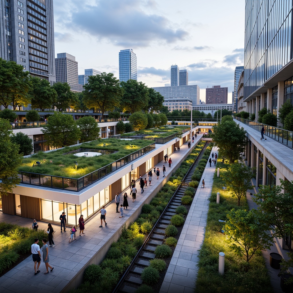 Prompt: Vibrant transportation hub, lush green roofs, natural stone walls, modern architecture, large windows, glass fa\u00e7ades, bustling pedestrian zones, urban landscape, cityscape views, dynamic LED lighting, shallow depth of field, 1/1 composition, realistic textures, ambient occlusion;