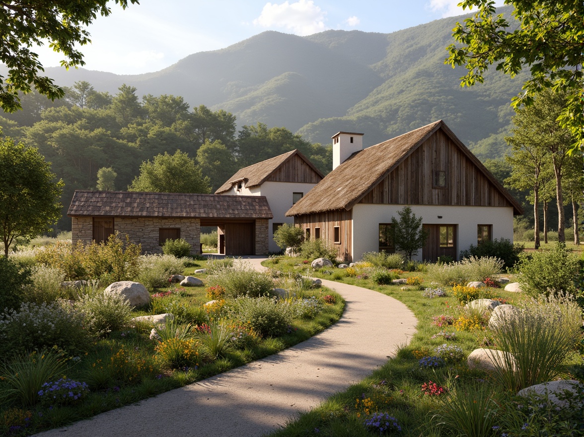 Prompt: Rustic countryside, wooden barns, stone walls, thatched roofs, vintage farmhouses, natural wood accents, earthy color palette, weathered metal details, reclaimed wood textures, botanical gardens, wildflower fields, rolling hills, serene landscape, warm sunlight, soft shadows, 1/1 composition, realistic rendering, ambient occlusion.