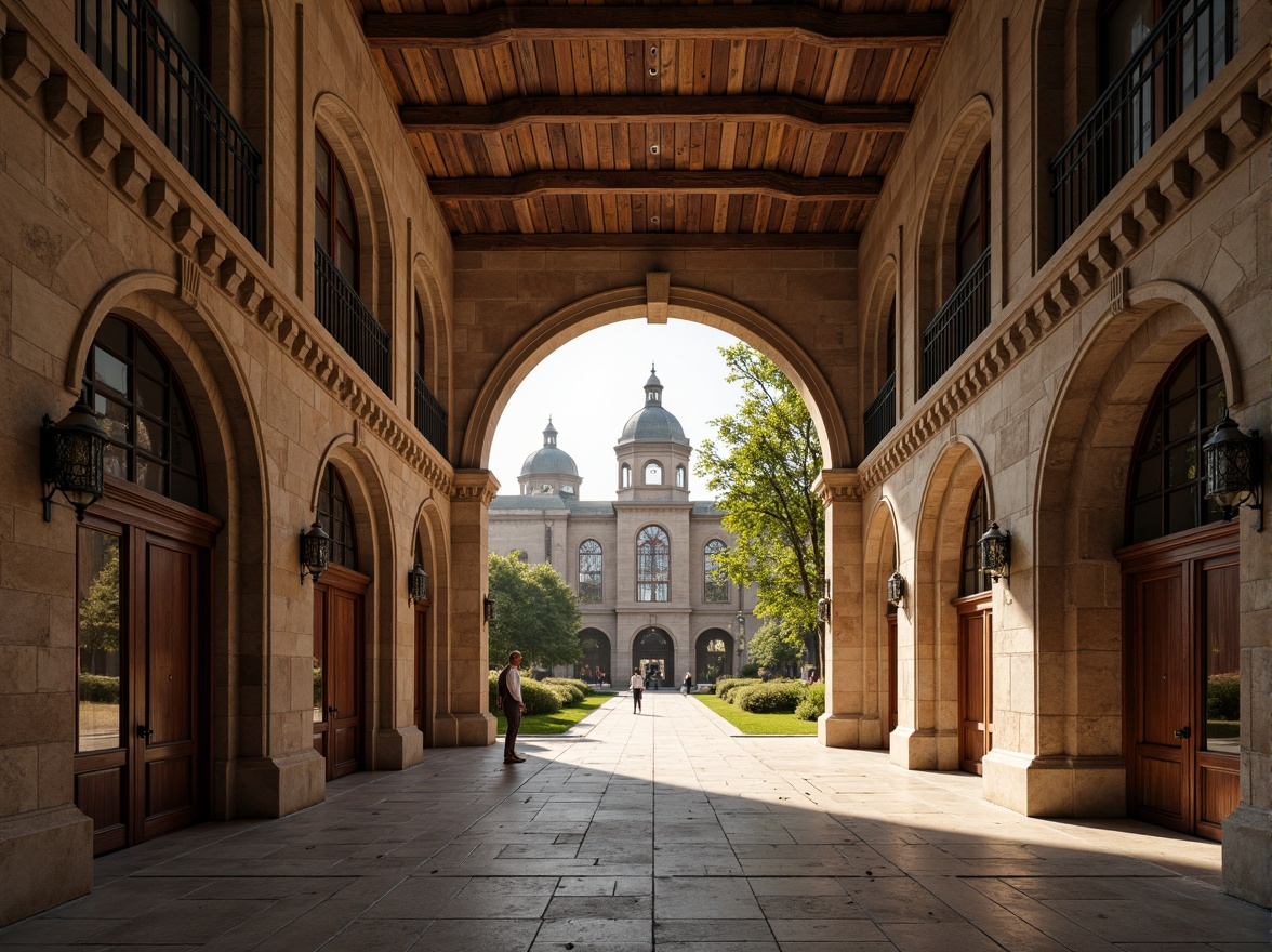 Prompt: Grandiose Romanesque building, ornate archways, rusticated stone walls, rounded columns, vaulted ceilings, intricate carvings, decorative capitals, grand entrance, heavy wooden doors, wrought iron hinges, stained glass windows, Gothic-inspired details, natural stone flooring, subtle warm lighting, soft shadows, 1/1 composition, symmetrical framing, realistic textures, ambient occlusion.