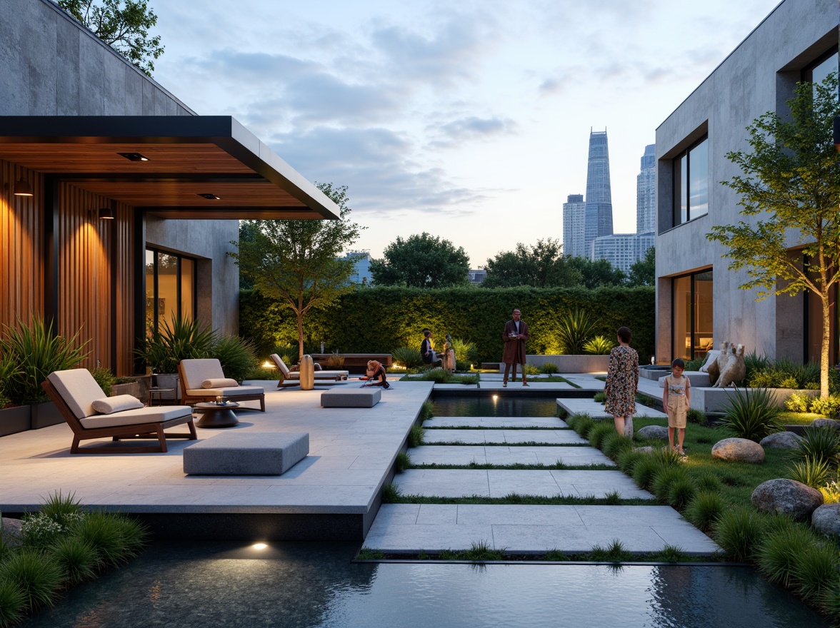 Prompt: Minimalist courtyard, sleek stone pathways, modern sculptures, lush green walls, abstract water features, ambient outdoor lighting, wooden accents, natural fiber textiles, low-maintenance plants, geometric planters, industrial-chic benches, weathered steel details, urban skyline views, cantilevered roofs, floor-to-ceiling windows, neutral color palette, contemporary art pieces, functional outdoor spaces, sustainable drainage systems, drought-resistant flora, organic shapes, futuristic hardscapes.