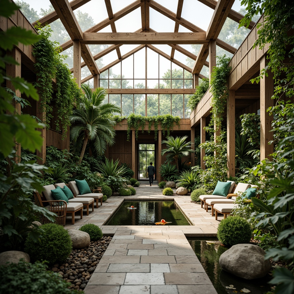 Prompt: Tropical greenhouse interior, lush green walls, exotic plants, natural stone flooring, wooden trellises, modern minimalist architecture, large glass roofs, clerestory windows, soft diffused lighting, misting systems, automated irrigation, organic fertilizer applications, serene water features, koi ponds, outdoor seating areas, weathered wood accents, earthy color palette, rustic metal decorations, warm atmospheric ambiance, shallow depth of field, 1/2 composition, realistic plant textures, ambient occlusion.