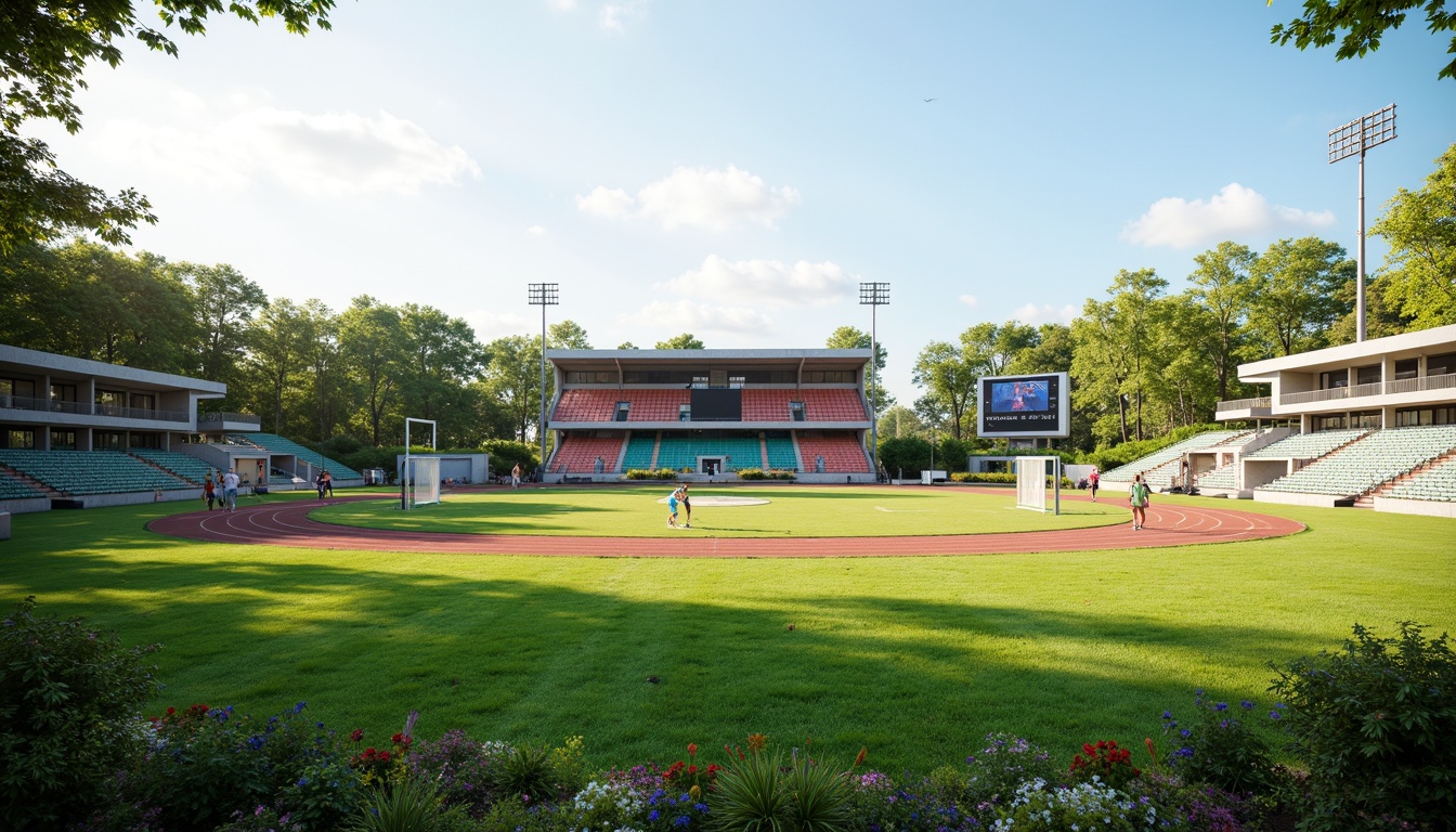 Prompt: Lush green grass, athletic track, sports stadium seating, scoreboard displays, floodlights, goalposts, soccer balls, basketball hoops, tennis courts, running lanes, jumping pits, high-jump mats, long-jump sandpits, shot-put circles, discus throwing areas, javelin throwing zones, hurdles, sprinting tracks, relay racing zones, sports equipment storage, athletic field markings, natural stone walkways, modern architecture, large windows, glass doors, blooming trees, sunny day, soft warm lighting, shallow depth of field, 3/4 composition, panoramic view, realistic textures, ambient occlusion.