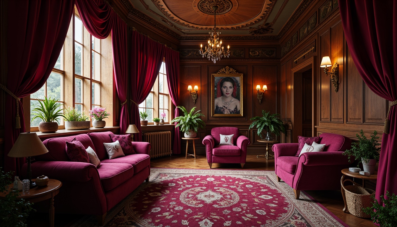 Prompt: Rich plum hues, velvety soft textures, luxurious jewel tones, warm golden lighting, ornate wooden furnishings, lavish drapery, intricate floral patterns, whimsical vintage accents, mystical ambiance, dramatic color blocking, 1/2 composition, warm shallow focus, realistic fabric renderings.