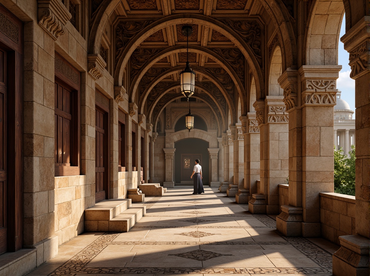 Prompt: Rustic stone walls, ornate carvings, vaulted ceilings, grand archways, intricate mosaics, weathered brick facades, richly ornamented columns, ornamental capitals, rugged granite textures, earthy color palette, warm golden lighting, dramatic chiaroscuro, 1/2 composition, symmetrical framing, realistic normal maps, ambient occlusion.