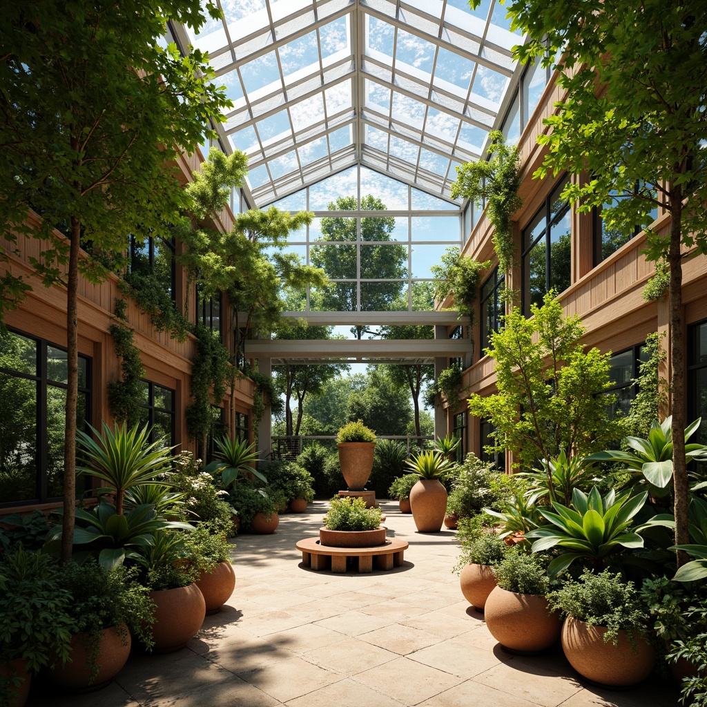 Prompt: Vibrant botanical greenhouse, lush tropical plants, warm natural light, soft misting system, earthy terracotta pots, reclaimed wood accents, living walls, organic shapes, calming color palette, soothing greens, blues and yellows, high ceilings, clerestory windows, diffused lighting, 1/1 composition, shallow depth of field, realistic textures, ambient occlusion.