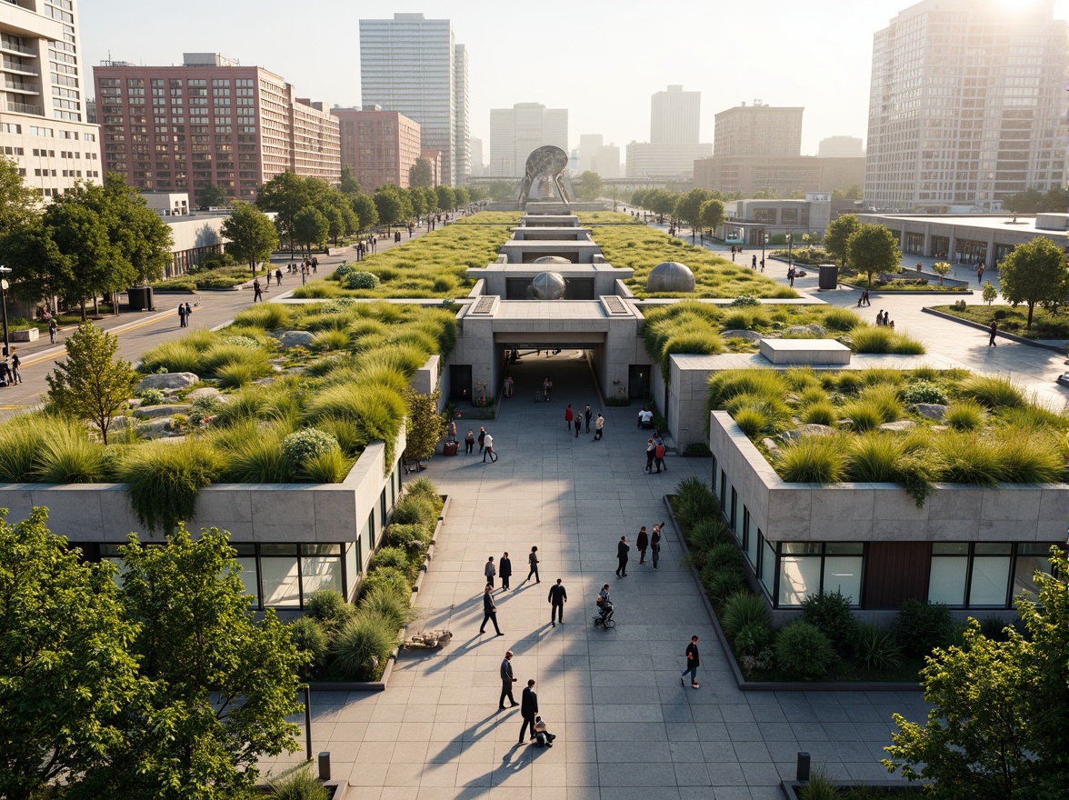 Prompt: Vibrant green roofs, lush vegetation, natural stone walls, modern transportation hub architecture, sleek glass facades, angular metal structures, busy urban streetscape, pedestrian-friendly walkways, bike lanes, public art installations, eco-friendly materials, sustainable energy systems, rainwater harvesting systems, green infrastructure, minimal environmental impact, harmonious blending of nature and urbanism, soft warm lighting, shallow depth of field, 3/4 composition, panoramic view.