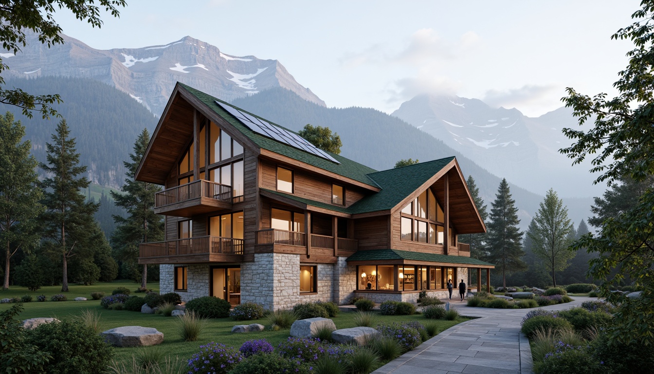 Prompt: Mountain lodge, rustic wooden fa\u00e7ade, green roof, solar panels, wind turbines, eco-friendly materials, natural stone foundation, large windows, panoramic views, snow-capped mountains, misty forests, serene atmosphere, soft warm lighting, shallow depth of field, 3/4 composition, realistic textures, ambient occlusion, sustainable water management systems, rainwater harvesting, grey water reuse, geothermal heating, passive design strategies, insulated walls, double-glazed windows, minimal carbon footprint, locally sourced materials, traditional mountainous architecture, modern eco-friendly twist.