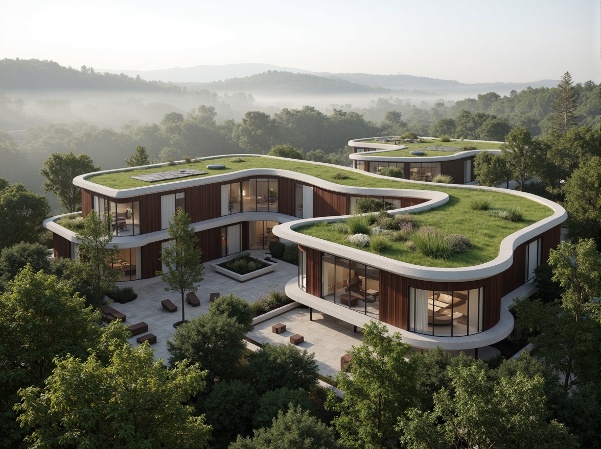 Prompt: Seamless building integration, lush green roofs, living walls, natural stone fa\u00e7ades, curved wooden lines, minimalist modern architecture, large windows, sliding glass doors, surrounding forest landscape, misty morning atmosphere, soft diffused lighting, shallow depth of field, 2/3 composition, panoramic view, realistic textures, ambient occlusion, sustainable energy solutions, solar panels, green roofs, eco-friendly materials, innovative cooling technologies, shaded outdoor spaces.