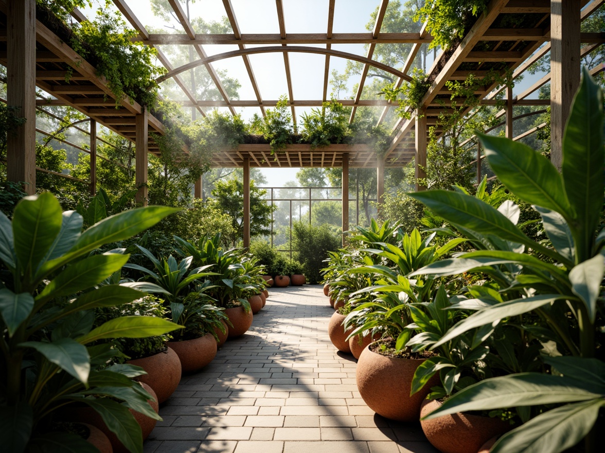 Prompt: Vibrant tropical plants, warm natural light, lush green foliage, earthy terracotta pots, wooden trellises, misting irrigation systems, humid climate control, glass roofs, steel frames, modern minimalist architecture, soft diffused lighting, 1/1 composition, shallow depth of field, realistic plant textures, ambient occlusion.