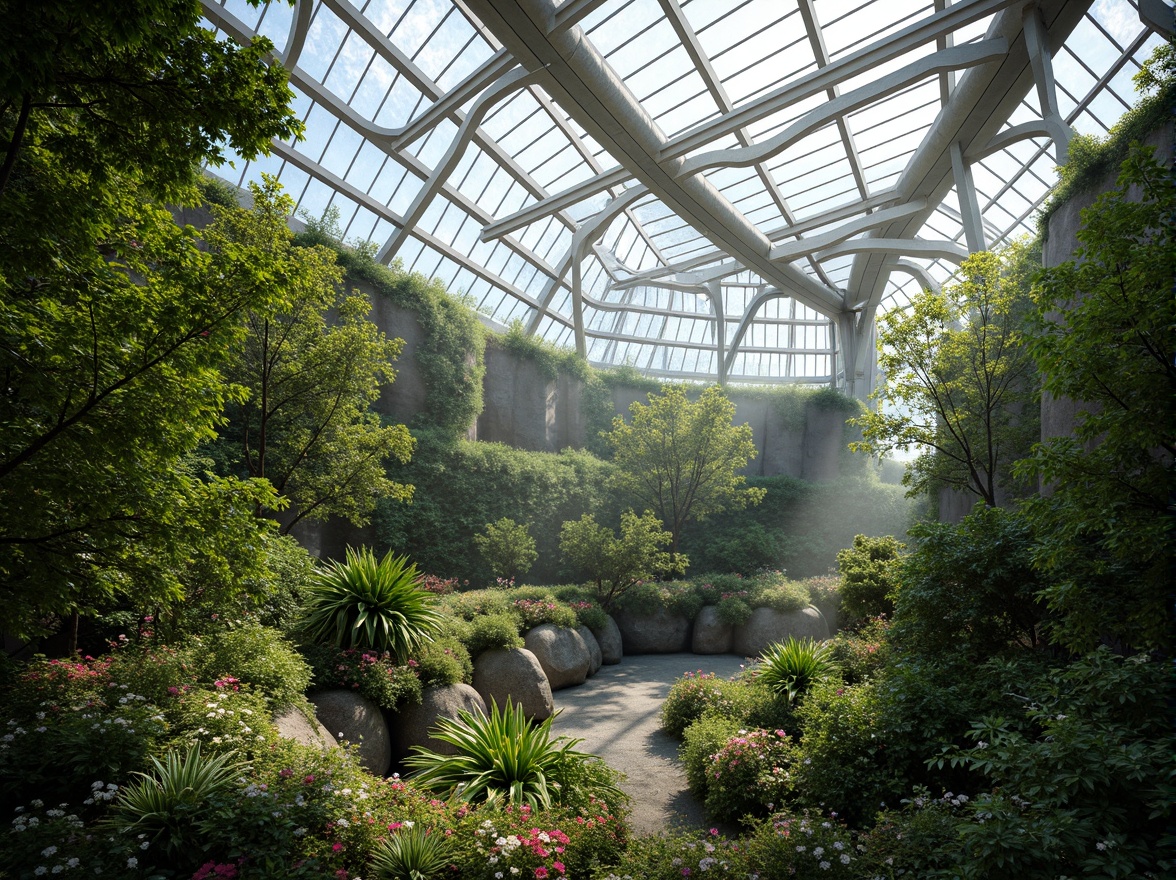 Prompt: Lush botanical gardens, transparent glass roofs, steel frames, curved lines, natural ventilation systems, misting irrigation, automated climate control, thermal mass walls, living green walls, organic shapes, tropical plants, exotic flowers, soft diffused lighting, warm atmospheric ambiance, 1/1 composition, shallow depth of field, realistic textures, ambient occlusion.