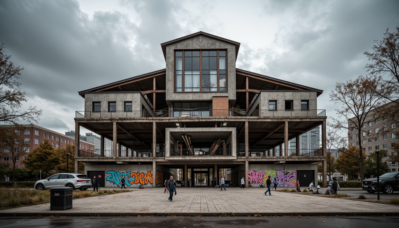 Prompt: Rustic gymnasium exterior, deconstructed facade, fragmented forms, irregular shapes, bold steel structures, exposed concrete walls, industrial metal cladding, abstract geometric patterns, vibrant graffiti murals, urban cityscape backdrop, gloomy cloudy day, dramatic high-contrast lighting, shallow depth of field, 1/1 composition, dynamic angular lines, distressed textures, ambient occlusion.