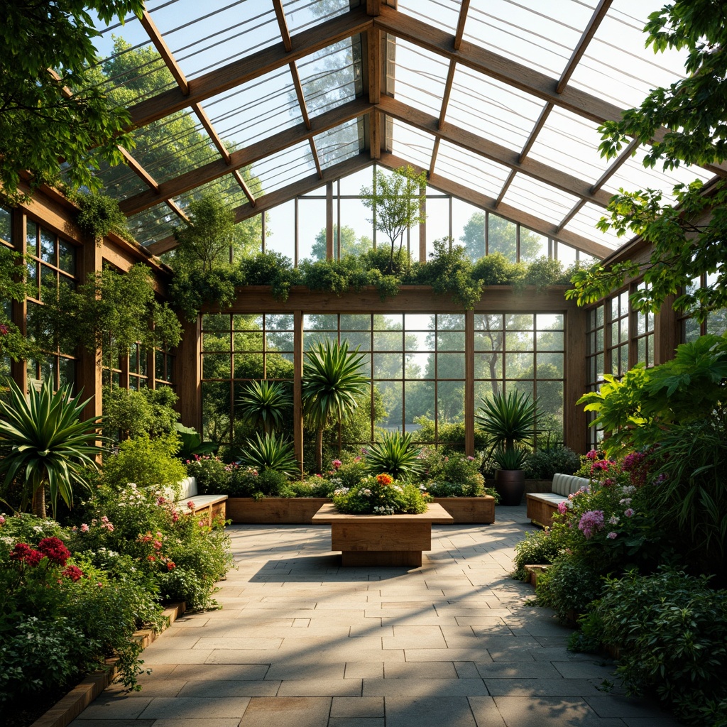 Prompt: Vibrant greenhouse interior, lush tropical plants, natural stone flooring, reclaimed wood accents, energy-efficient LED lighting, solar panels, rainwater harvesting systems, living walls, green roofs, passive ventilation systems, clerestory windows, misting irrigation systems, humid subtropical climate, warm soft lighting, shallow depth of field, 1/1 composition, realistic textures, ambient occlusion.