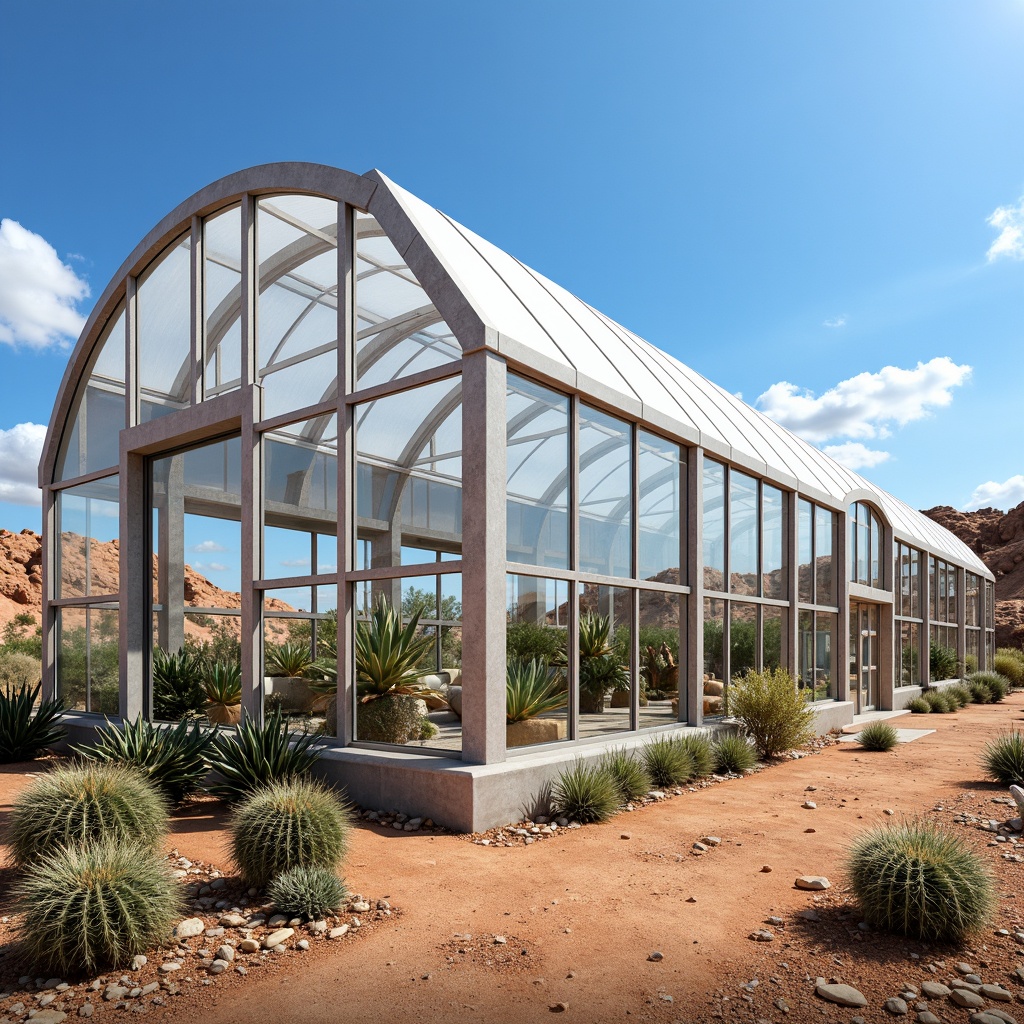 Prompt: Desert greenhouse, futuristic architecture, angular metal frames, transparent polycarbonate walls, automatic vent openers, evaporative cooling systems, misting irrigation systems, humidification control, temperature regulation, optimized air circulation, reduced heat gain, increased crop yields, improved air quality, natural lighting, shading devices, reflective interior coatings, thermal mass materials, insulated foundation, energy-efficient systems, arid landscape, cactus plants, hot sunny day, clear blue sky.