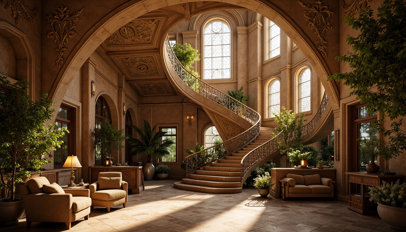 Prompt: Intricate ornate details, flowing curvilinear lines, organic botanical forms, luxurious fabrics, warm golden lighting, richly ornamented walls, sinuous staircases, grand high ceilings, ornamental metalwork, stained glass windows, delicate ceramics, subtle earthy tones, soft focus, shallow depth of field, 2/3 composition, symmetrical balance, romantic whimsical atmosphere.