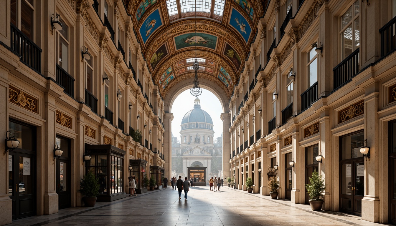 Prompt: Grand neoclassical market hall, ornate fa\u00e7ade, intricately carved stone columns, majestic arches, decorative cornices, grandiose entranceways, elegant balconies, wrought iron railings, stained glass windows, vibrant colorful frescoes, high ceilings, marble floors, natural light pouring in, warm soft lighting, shallow depth of field, 3/4 composition, symmetrical framing, realistic textures, ambient occlusion.