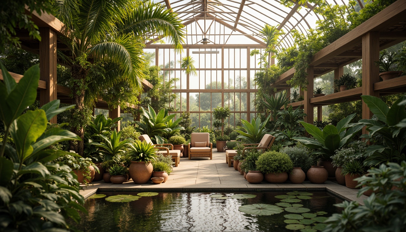 Prompt: Vibrant botanical greenhouse, lush tropical plants, warm natural light, earthy terracotta pots, misty atmosphere, soft diffused lighting, 1/1 composition, intimate focal length, rich greenery, calming ambiance, pastel color palette, gentle shading, organic textures, subtle reflections, wooden trellises, rattan furniture, nature-inspired patterns, serene water features, peaceful retreat.