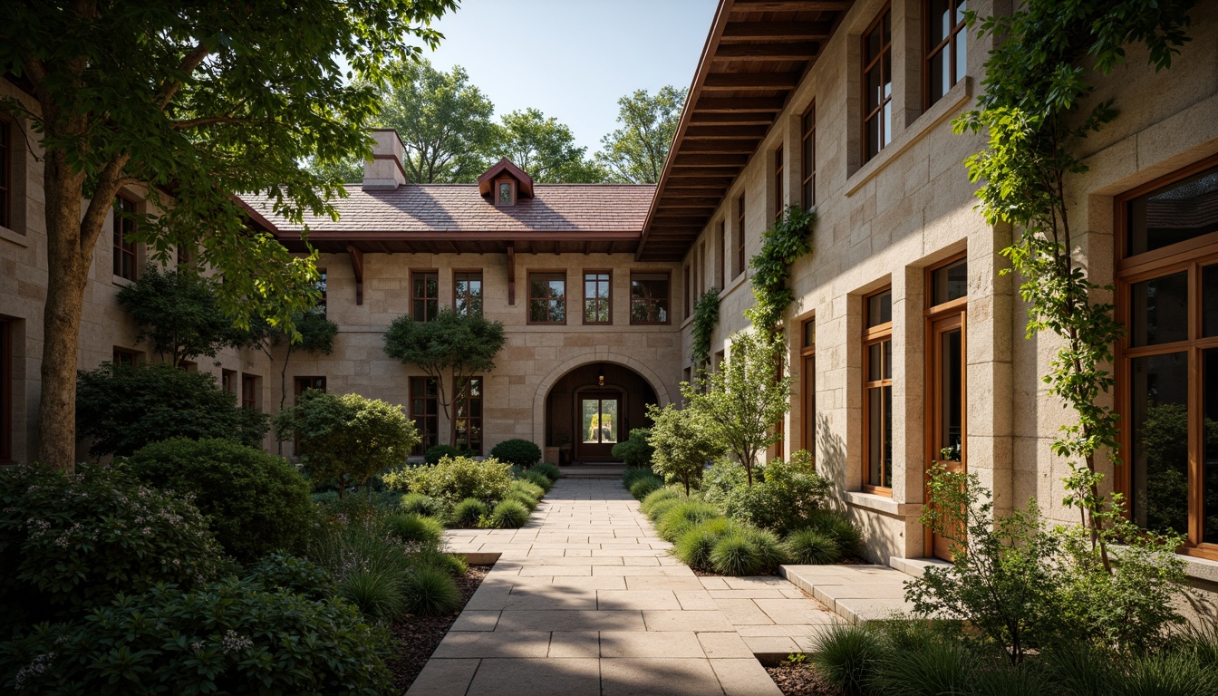 Prompt: Serene monastery courtyard, lush greenery, natural stone walls, wooden beam ceilings, rustic doors, stained glass windows, candlelit corridors, vaulted arches, cloister walkways, peaceful ambiance, warm sunlight, soft diffused lighting, shallow depth of field, 1/1 composition, intimate framing, realistic textures, ambient occlusion.