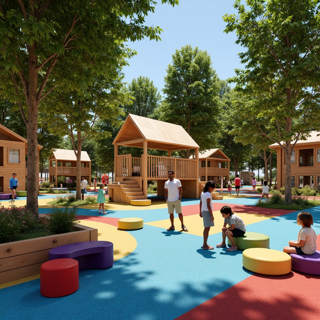 Prompt: Vibrant playground, colorful rubber flooring, interactive musical instruments, sensory play elements, educational signage, collaborative seating areas, nature-inspired climbing structures, inclusive accessible design, soft padded surfaces, imaginative playhouses, dynamic lighting systems, 1/1 composition, shallow depth of field, realistic textures, ambient occlusion.