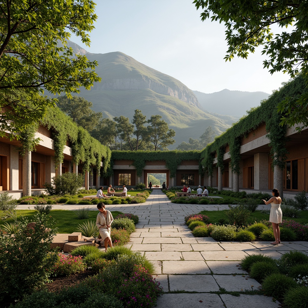 Prompt: Serene monastery courtyard, lush greenery, vibrant flowers, natural stone pathways, organic architecture, curved lines, earthy tones, rustic wooden doors, stained glass windows, peaceful ambiance, soft warm lighting, misty morning atmosphere, shallow depth of field, 3/4 composition, panoramic view, realistic textures, ambient occlusion, surrounding mountains, rolling hills, tranquil lake, walking trails, meditation gardens, prayer rooms, secluded alcoves, lanterns, candles, incense sticks.