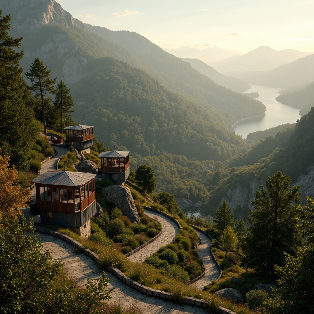 Prompt: Winding mountain trails, lush forest surroundings, majestic watchtower structures, rustic stone walls, wooden observation decks, panoramic views, binocular installations, nature-inspired color schemes, earthy tones, organic textures, misty atmospheric effects, warm golden lighting, shallow depth of field, 2/3 composition, symmetrical framing, realistic foliage, ambient occlusion.Let me know if you need any adjustments!