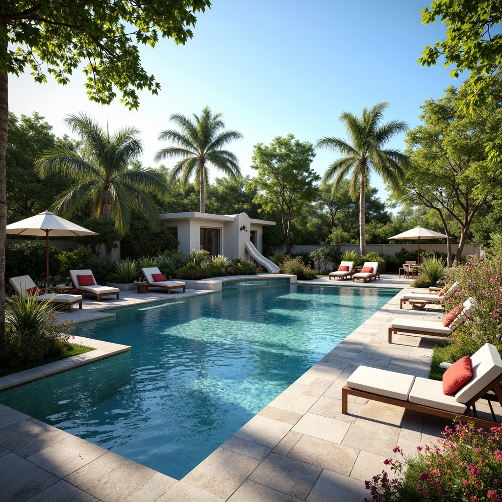 Prompt: Luxurious backyard oasis, crystal-clear pool water, sunny day, warm ambiance, comfortable lounge chairs, vibrant tropical plants, colorful flowers, natural stone deck, modern outdoor furniture, sleek pool slides, waterfall features, ambient lighting, soft gentle breeze, shallow depth of field, 1/1 composition, realistic textures, inviting atmosphere.