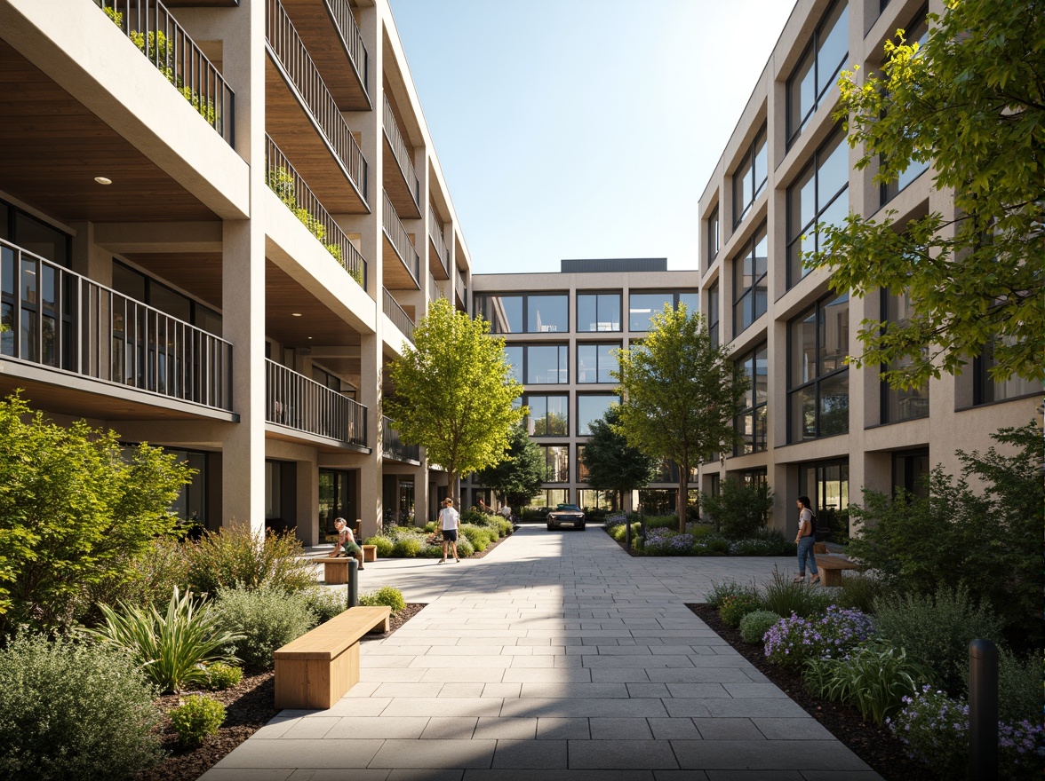 Prompt: Vibrant campus courtyard, lush greenery, natural stone walkways, modern experimental architecture, large windows, glass roofs, clerestory lighting, soft warm illumination, ambient occlusion, shallow depth of field, 3/4 composition, panoramic view, realistic textures, blooming trees, sunny day, educational signs, outdoor furniture, wooden benches, steel railings, minimalist design, innovative building materials, sustainable energy solutions.