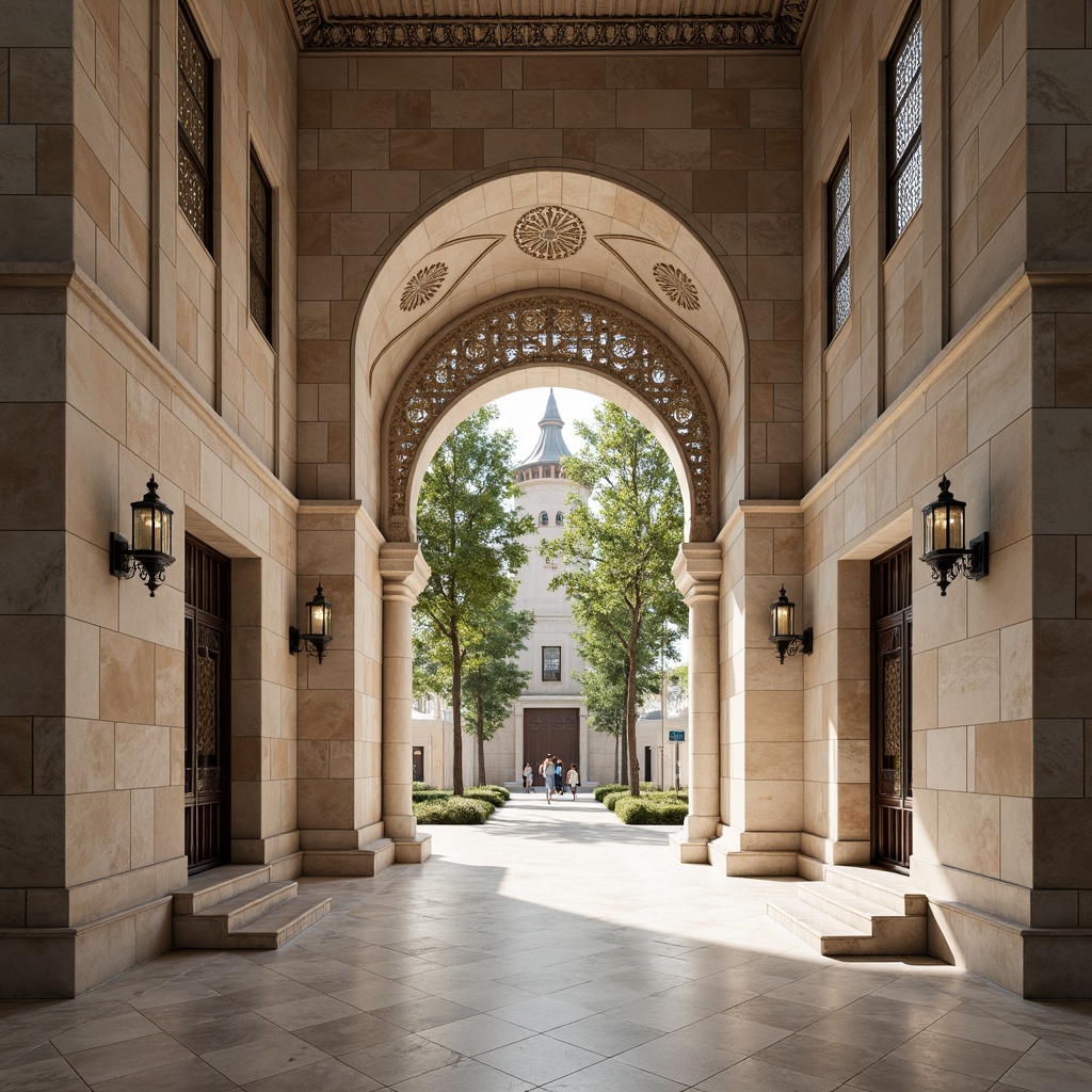 Prompt: Minaret, grand entrance, symmetrical fa\u00e7ade, intricately patterned stone carvings, stained glass windows, ornate metal doorways, gleaming marble floors, vaulted ceilings, subtle Islamic geometric motifs, modernist clean lines, minimalist ornamentation, bright natural light, shallow depth of field, 1/2 composition, realistic textures, ambient occlusion, serene atmosphere, peaceful ambiance.