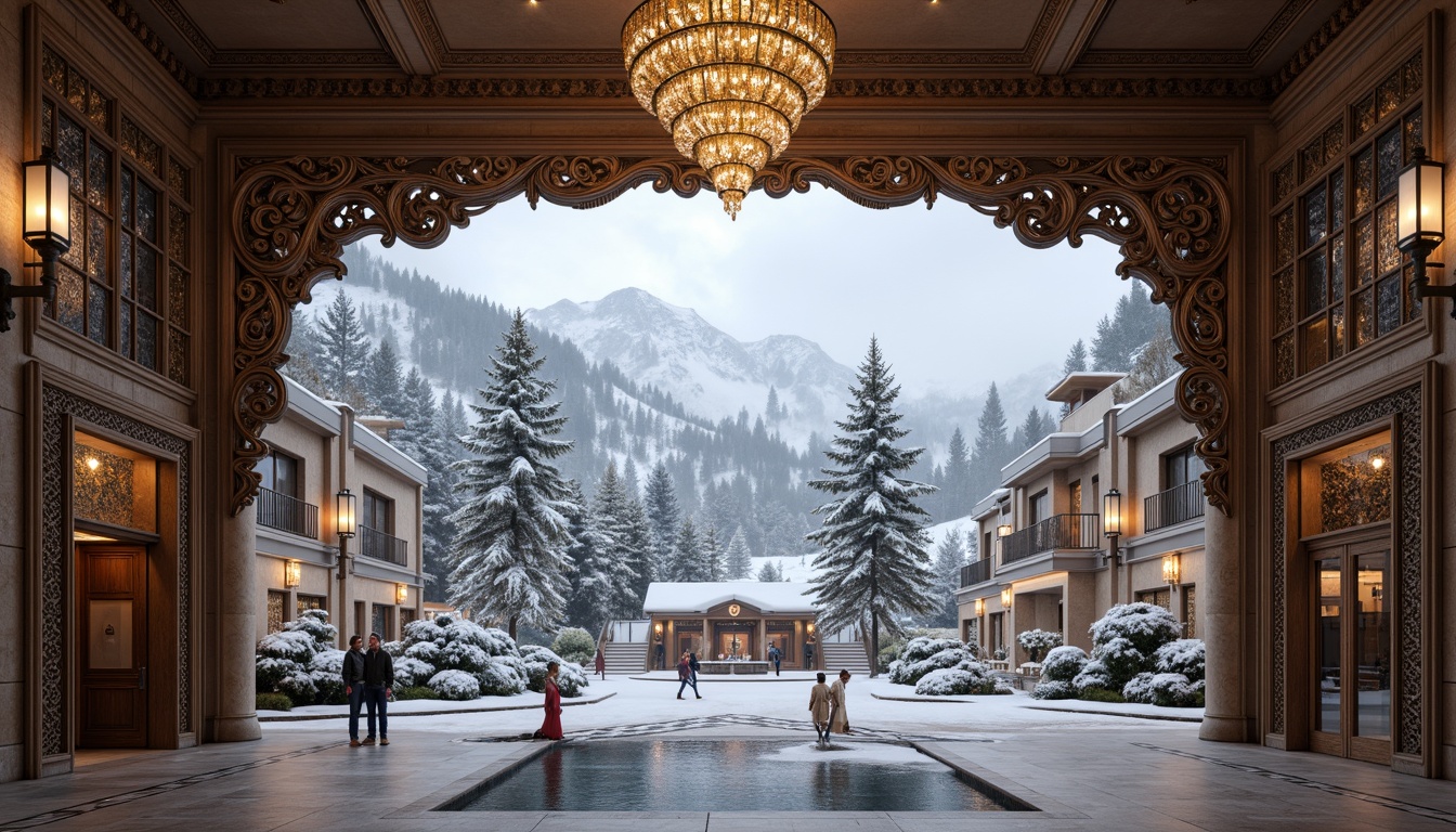 Prompt: Grandiose ski resort, ornate Baroque facade, intricately carved wooden doors, golden accents, lavish chandeliers, opulent marble floors, grand staircases, ornamental balconies, snow-capped mountain peaks, frozen lakes, evergreen trees, powdery snowfall, misty atmosphere, soft warm lighting, shallow depth of field, 1/1 composition, dramatic perspective, realistic textures, ambient occlusion.