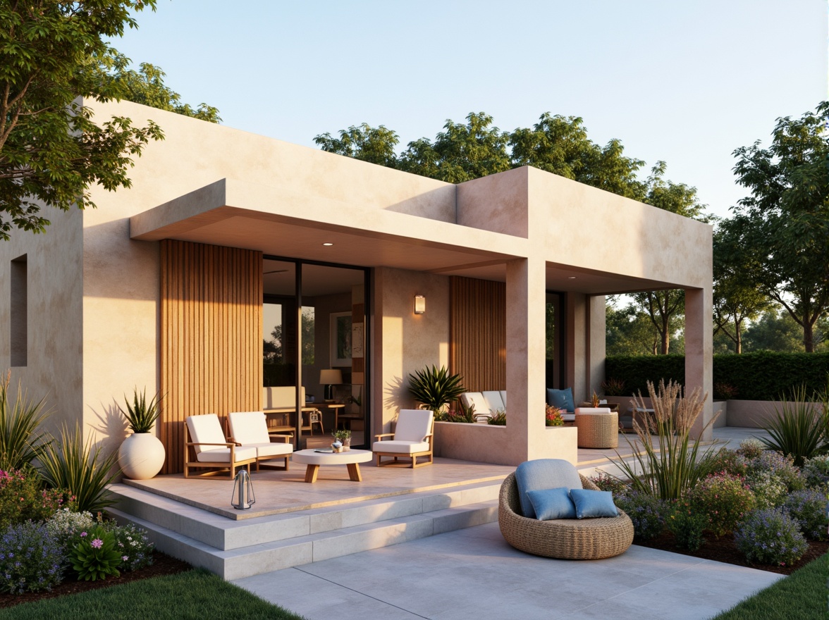 Prompt: Warm beige exterior walls, soft peach accent colors, calming blue-green tones, natural wood textures, cozy earthy tones, inviting entrance canopy, comfortable outdoor seating areas, lush green roofs, modern minimalist architecture, large windows, sliding glass doors, warm white lighting, shallow depth of field, 3/4 composition, realistic renderings, ambient occlusion, vibrant floral patterns, soft geometric shapes.