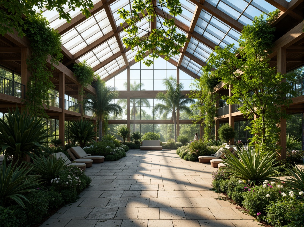 Prompt: Tranquil greenhouse interior, lush tropical plants, natural stone flooring, wooden trellis, climbing vines, misting systems, soft diffused lighting, shallow depth of field, 3/4 composition, panoramic view, realistic textures, ambient occlusion, modern sustainable architecture, energy-efficient systems, solar panels, rainwater harvesting, green roofs, eco-friendly materials, innovative cooling technologies, shaded outdoor spaces, Arabic-inspired patterns, vibrant colorful textiles, intricate geometric motifs.