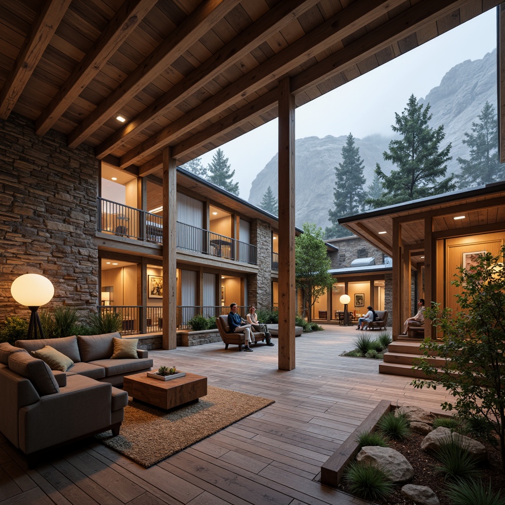 Prompt: Rustic student halls, earthy tones, wooden accents, natural stone walls, cozy common areas, plush furnishings, warm lighting, snow-capped mountains, pine tree surroundings, misty mornings, foggy afternoons, serene atmosphere, soft misty lighting, shallow depth of field, 1/2 composition, realistic textures, ambient occlusion.