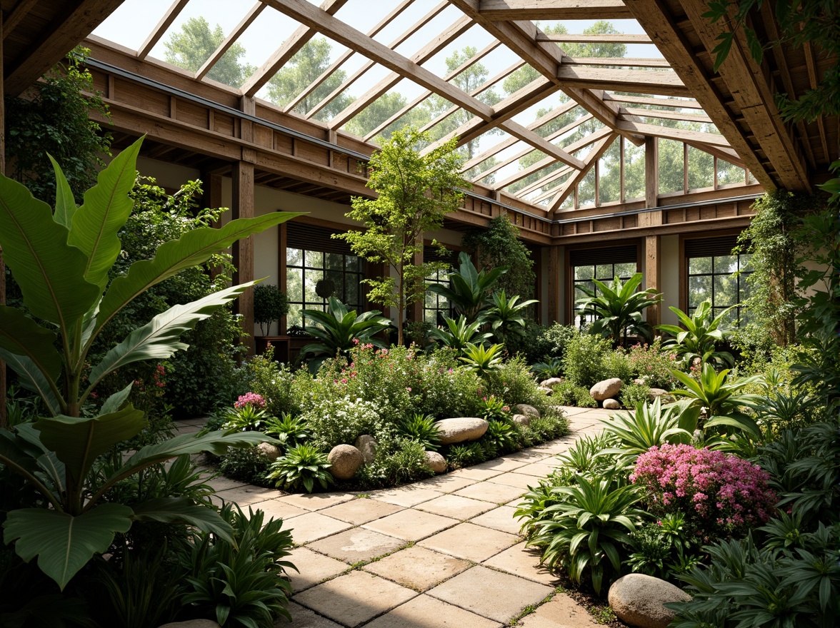 Prompt: Vibrant botanical garden, lush green foliage, warm natural light, humid tropical climate, rustic wooden trellises, delicate flower patterns, soft pastel hues, calming monochromatic scheme, contrasting bold accents, harmonious analogous colors, soothing ambiance, serene atmosphere, organic shapes, earthy materials, reclaimed wood textures, transparent glass roofs, clerestory windows, diffused warm lighting, 1/2 composition, intimate focal point, realistic plant models, detailed leaf textures.